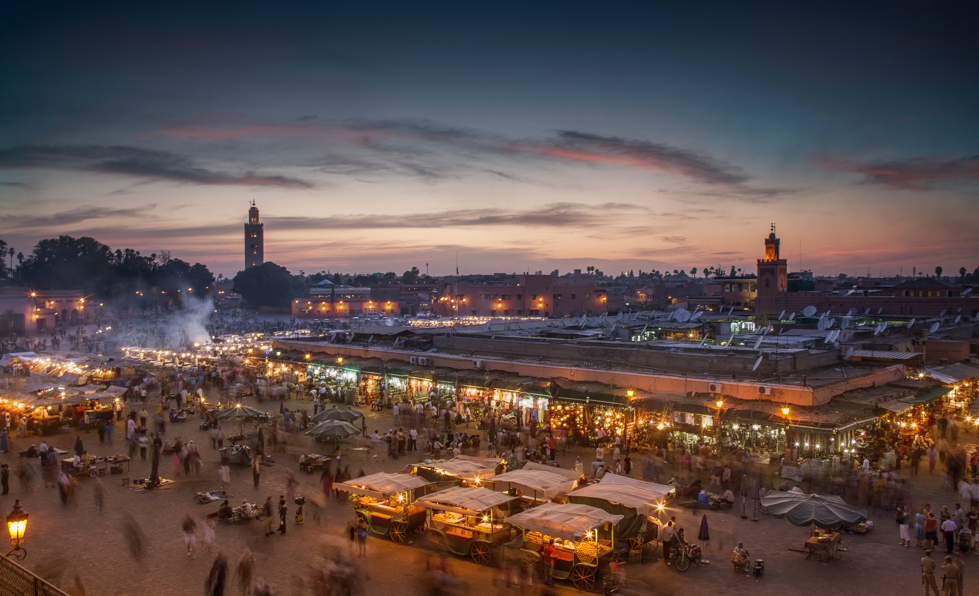 Jemaa el-Fnaa Square illuminated at dusk, Marrakesh, Morocco